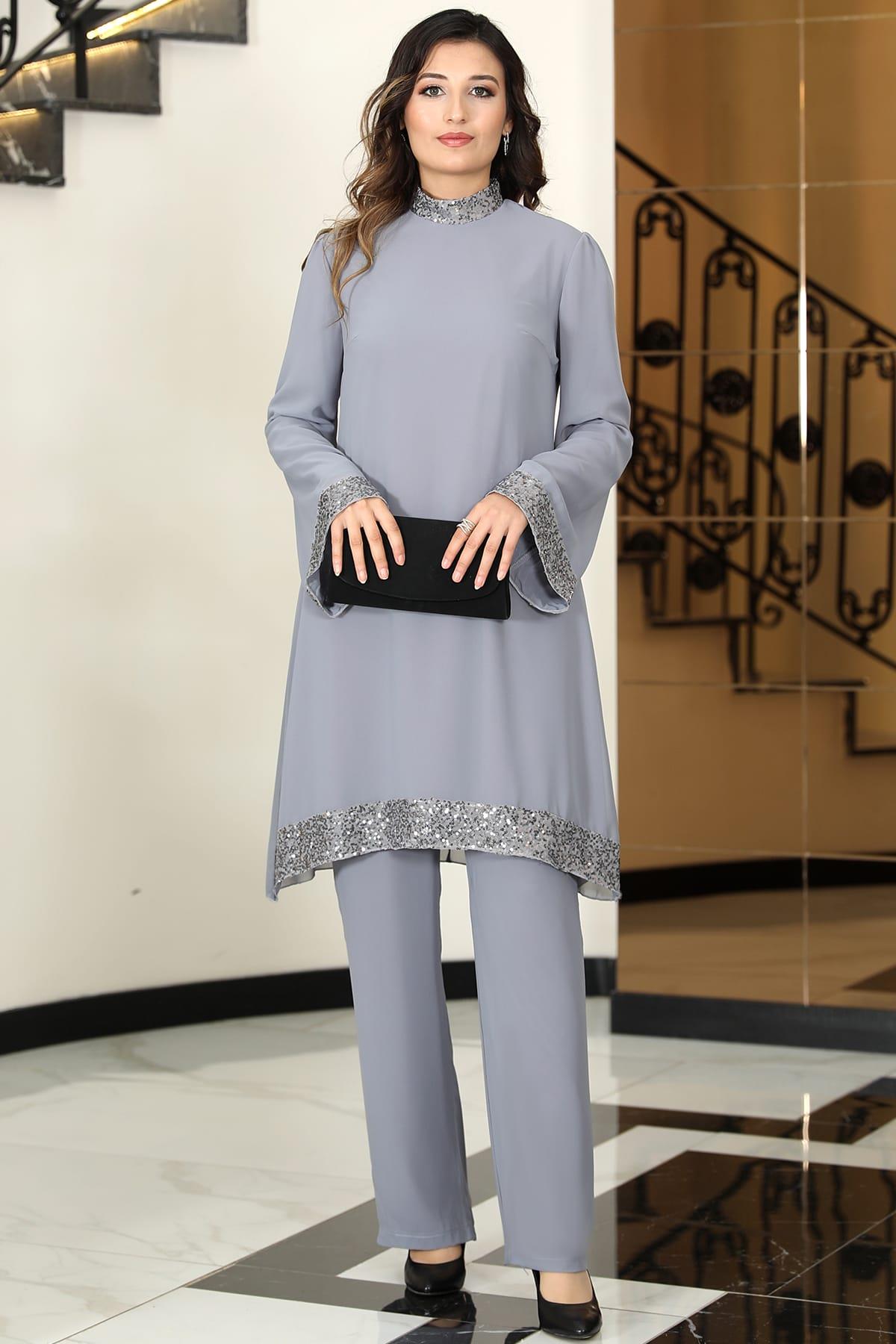 Umay Şifon Tunik Pantolon Takım Gri